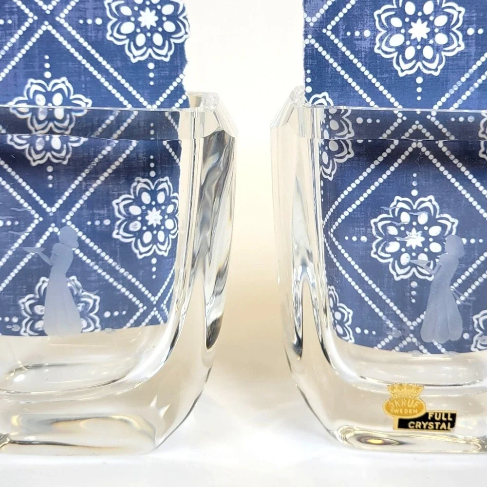 Vtg MCM Skruf Sweden Lead Crystal Pair of 2 Vases Vanity Organizers Signed 3.5